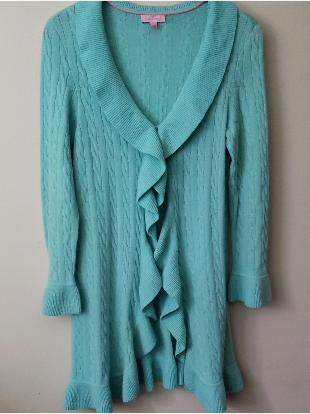 Lilly Pulitzer 100% Cashmere Aqua Ruffle-Front Cable Knit Cardigan